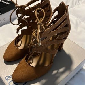 Adorable cognac faux suede heels